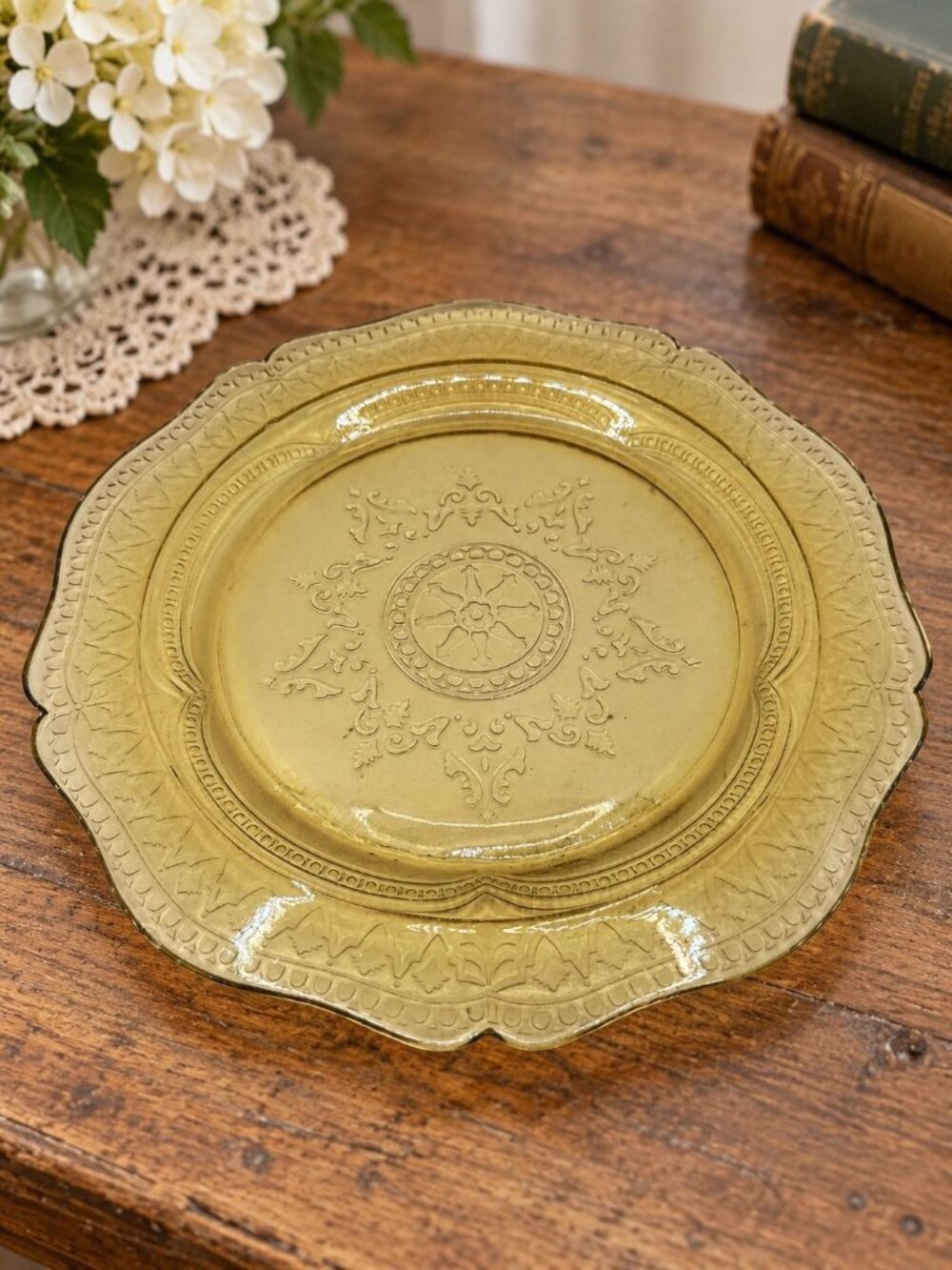 Vintage Yellow Depression Glass Plate Elegant Embossed Floral Design 11 Inches W